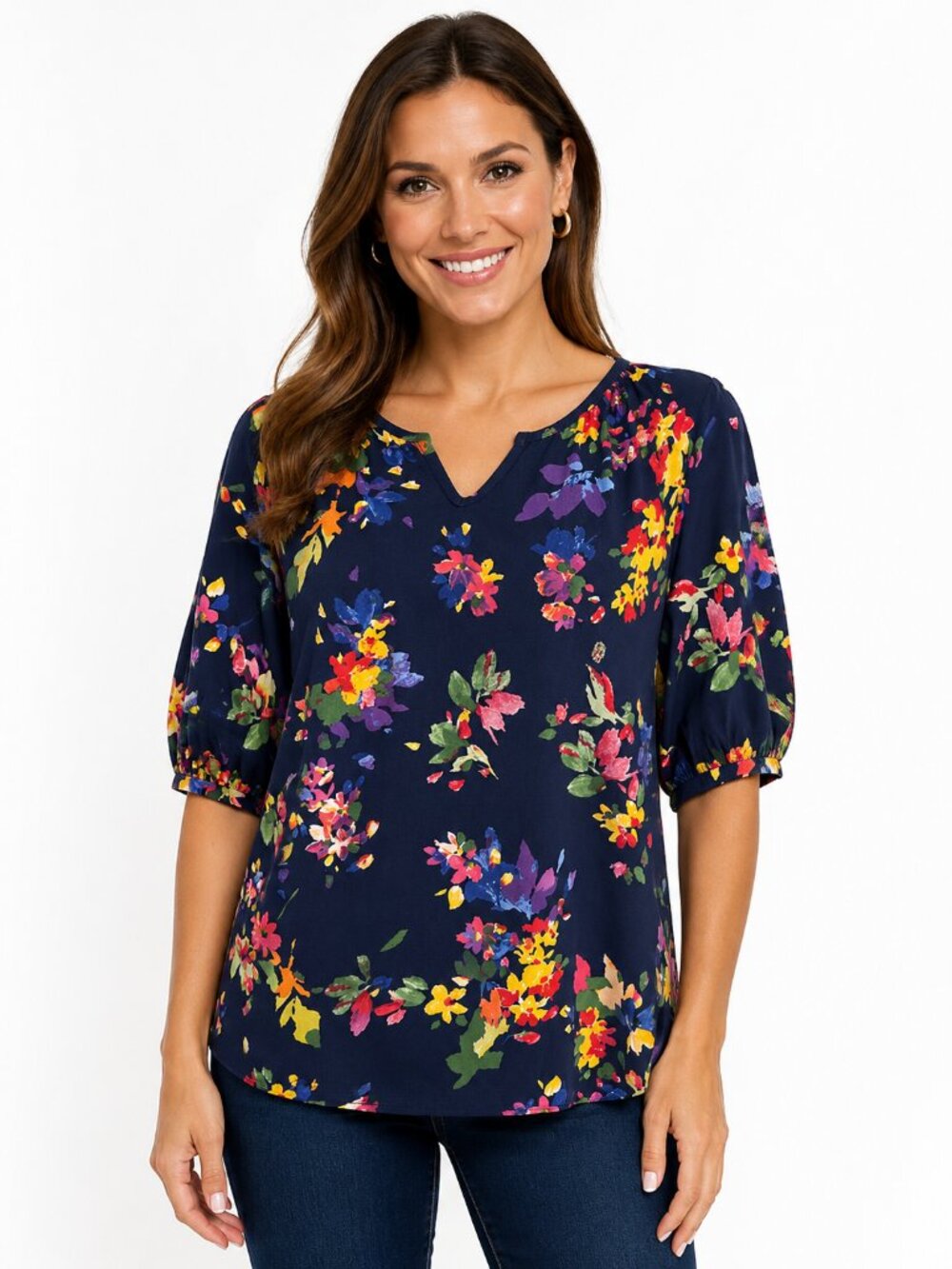 NEW Denim & Co Navy Floral Split Neck Stretch Top Small